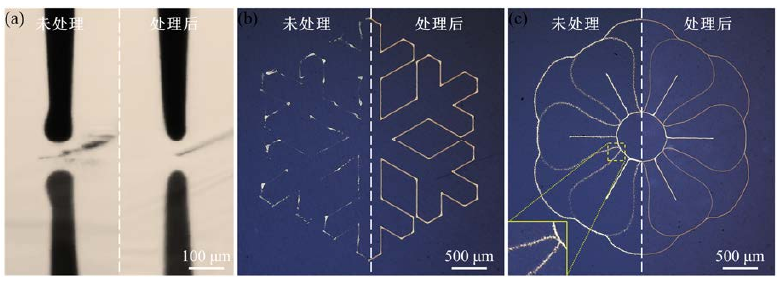 圖1-1 (a)等離子體處理前后PI表面電流體噴印時(shí)噴嘴狀態(tài);(b)處理前后PI表面打印圖案對(duì) 比;(c)處理前后陶瓷表面打印圖案對(duì)比。 